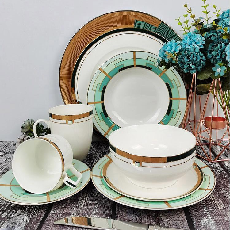 Green And Gold Plates Set With Soup Bowl