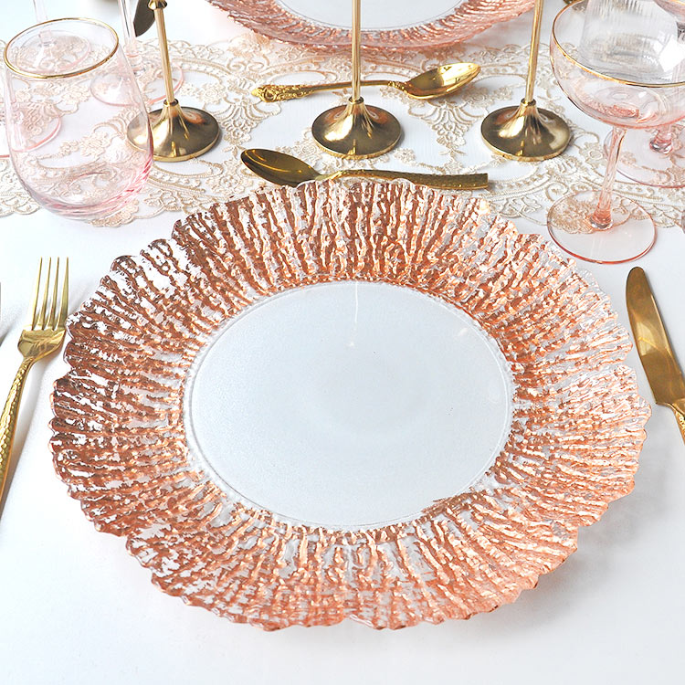 Wholesale custom rose gold table decorative reef glass charger plates
