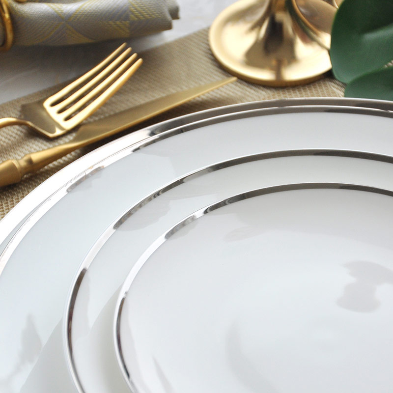 White Silver Rim Ceramic Dinner Plates