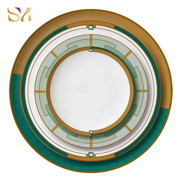 Green And Gold Plates Set With Soup Bowl