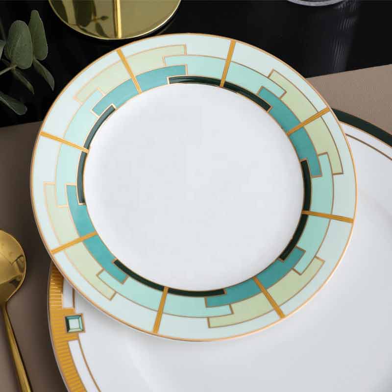 Green And Gold Plates Set With Soup Bowl